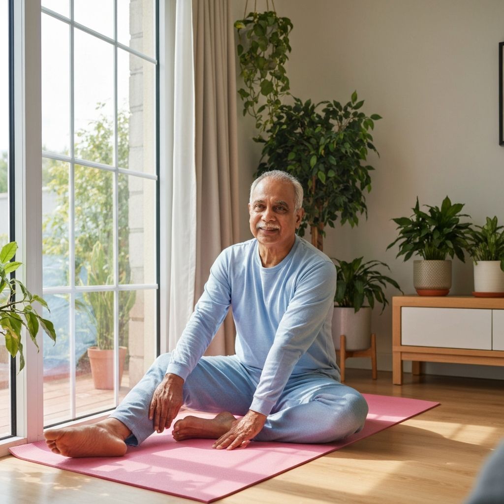 Person practicing gentle stretching in a home environment